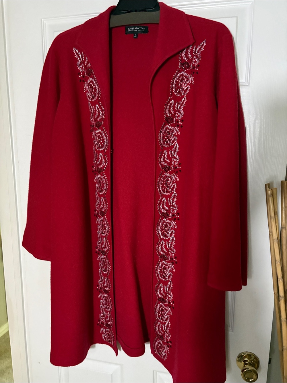 Vintage Jones New York 100 Wool Long-Sleeve Embroidered Open Coat